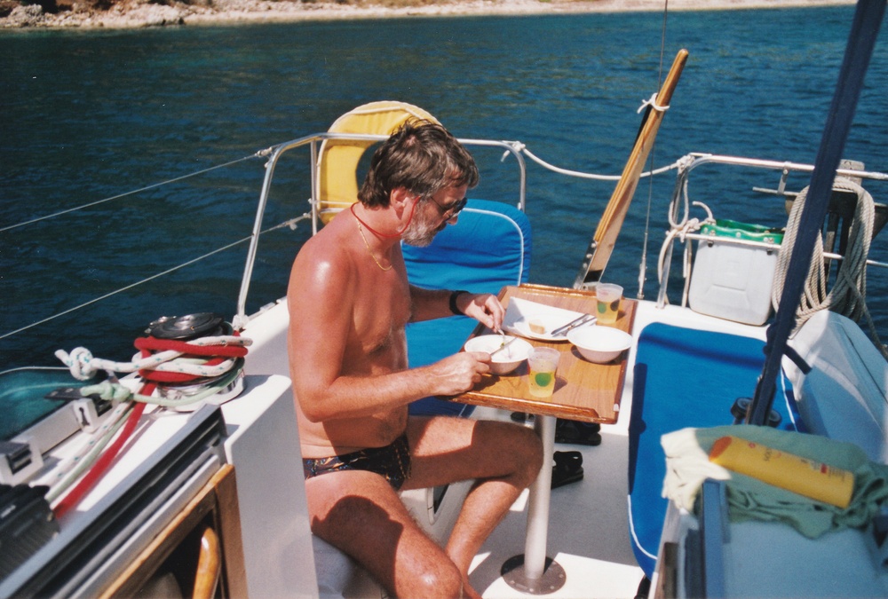 Lunch at anchor in Polis Bay, Ithaca.